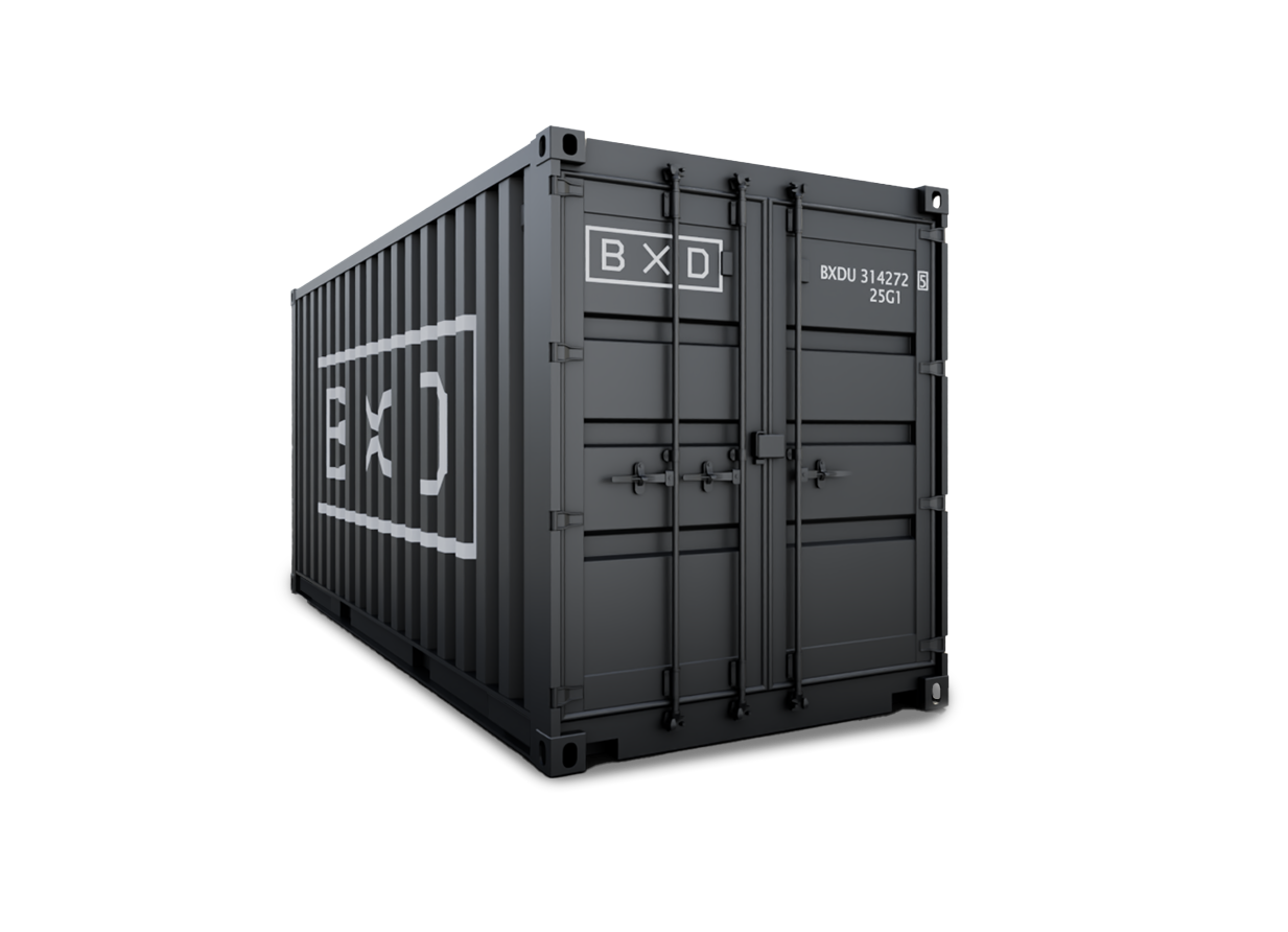 Black shipping container with BXD logo and identification marks on the front doors.