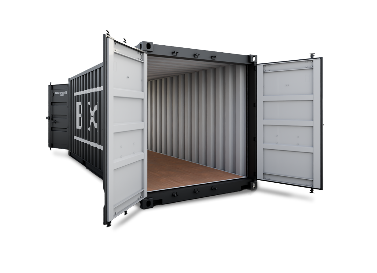 Open black and white shipping container with empty interior and wooden floor.