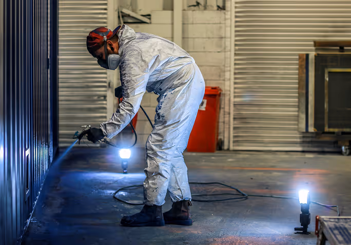 Worker in protective suit and mask spray painting metal walls inside an industrial workshop.
