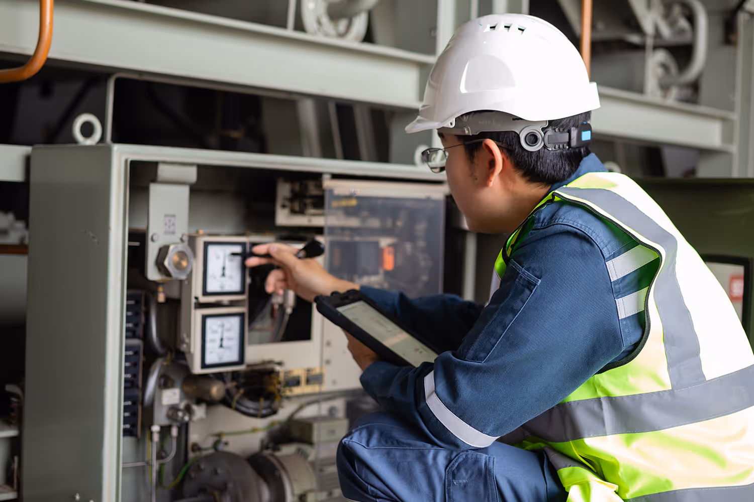 Engineer in safety helmet and high-visibility vest adjusting controls on industrial electrical panel while holding a tablet.