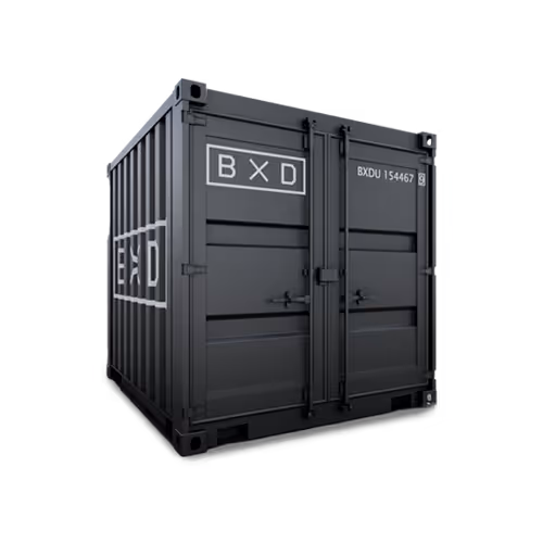 Black shipping container with white BXD logos and identification number BXDU 154467.