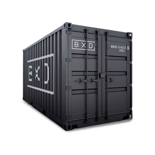 Black shipping container with BXD logo and identification markings on the front and side doors.