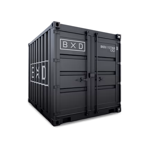 Black shipping container with BXD logo on the side and doors.