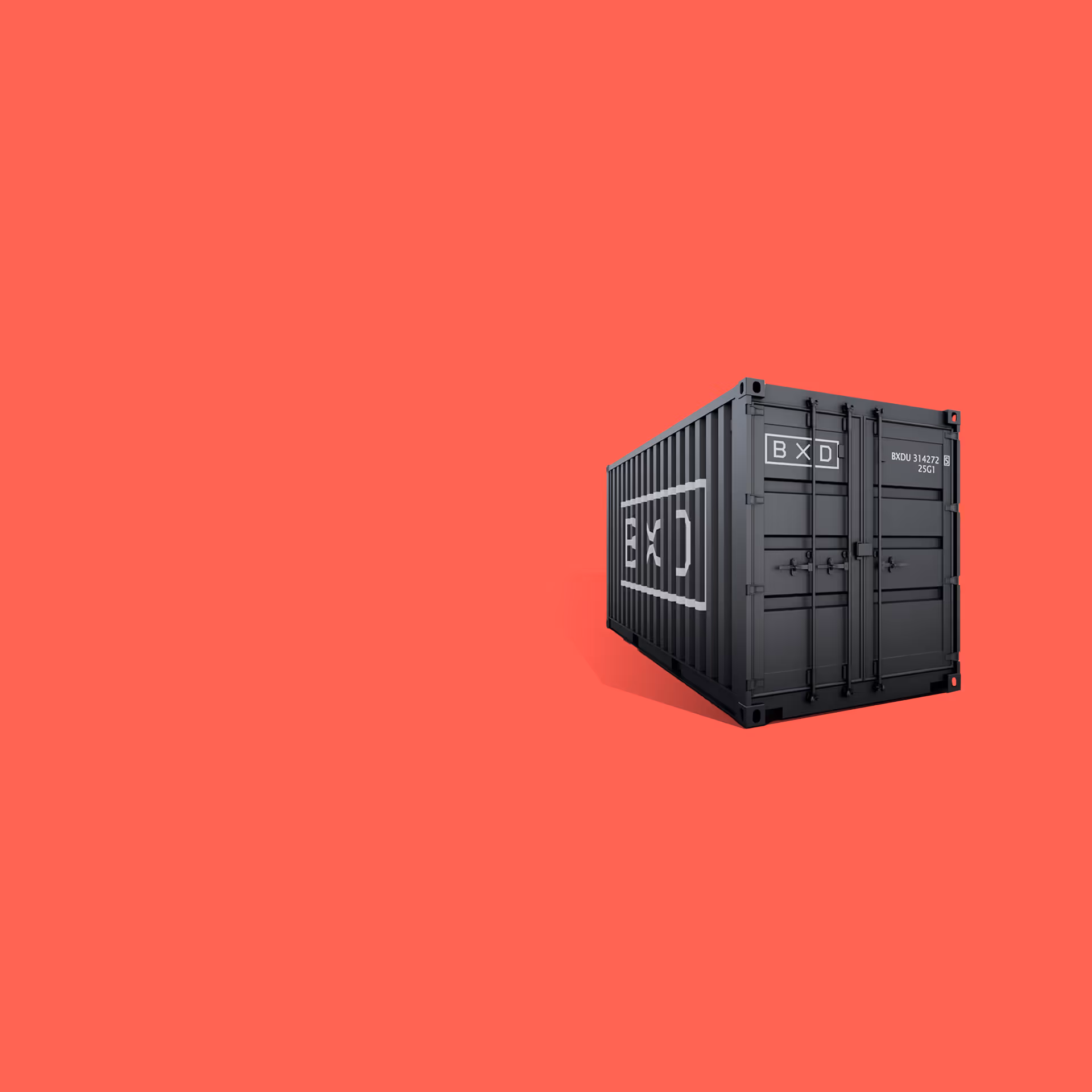 Black shipping container with BXD logo on the side and doors against a red background.