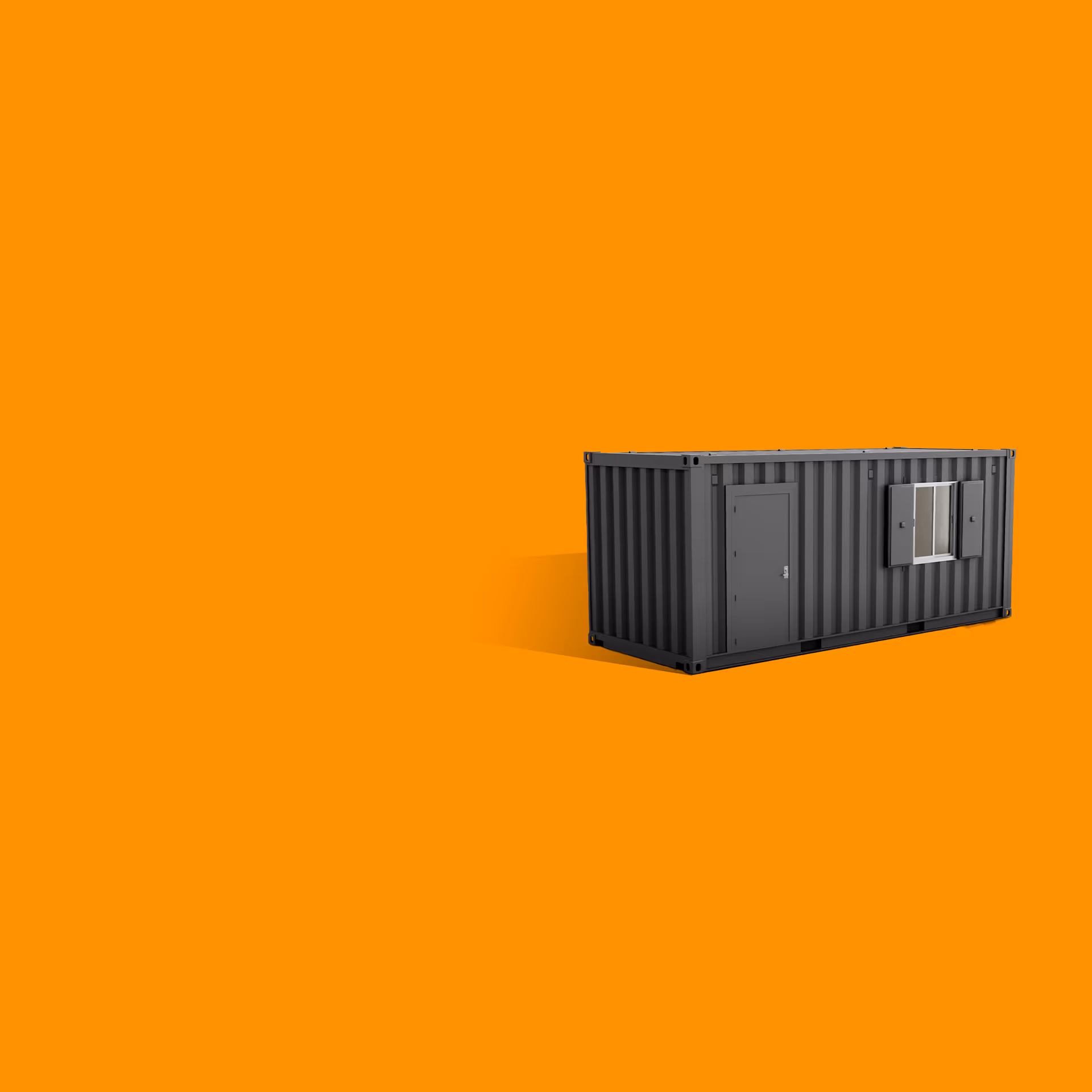 Dark grey shipping container converted into a small building with a door and a window with shutters against an orange background.