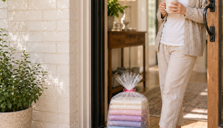 Older woman standing relaxed at her front door with a cup of coffee while a bag of neatly folded, finished laundry sits on her doorstep