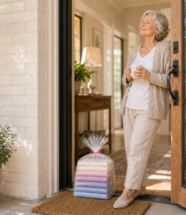 Older woman standing relaxed at her front door with a cup of coffee while a bag of neatly folded, finished laundry sits on her doorstep