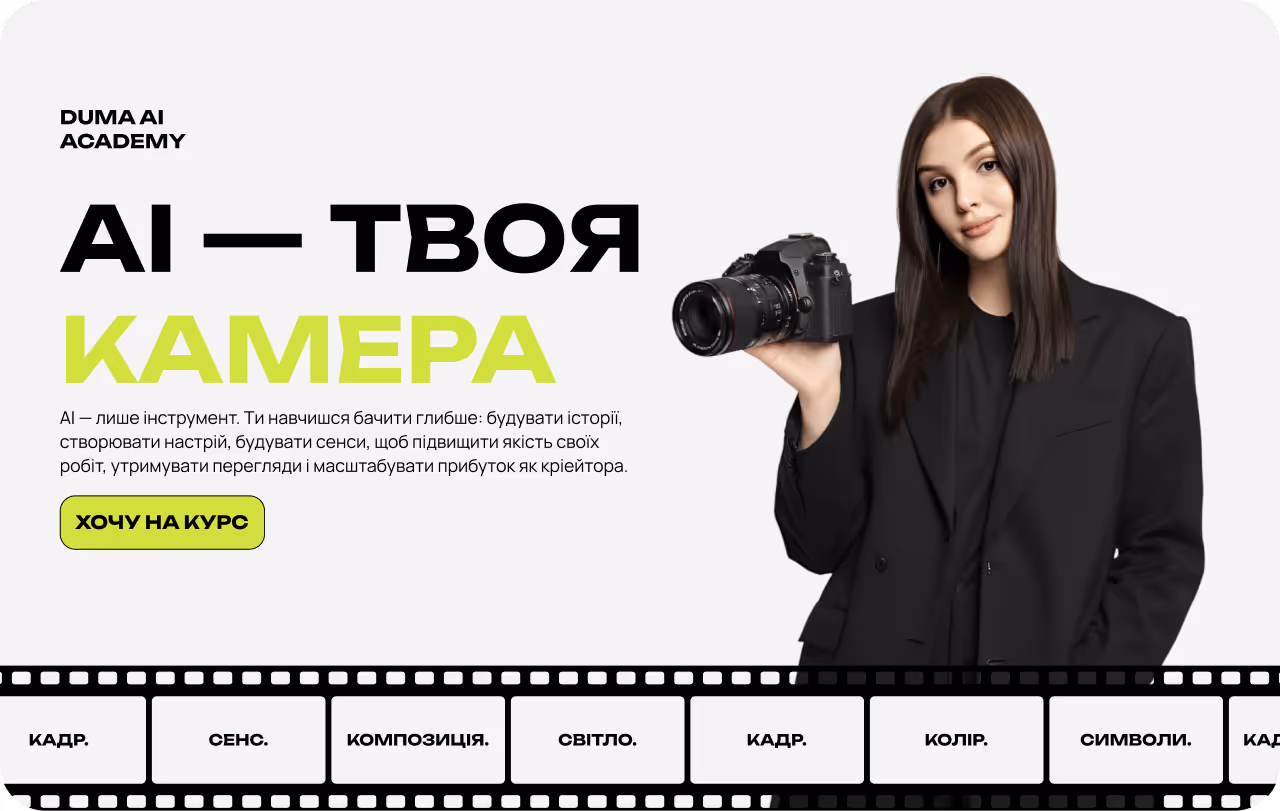 AI — лише інструмент. Ти навчишся бачити глибше: будувати історії, створювати настрій, будувати сенси, щоб підвищити якість своїх робіт, утримувати перегляди і масштабувати прибуток як кріейтора.