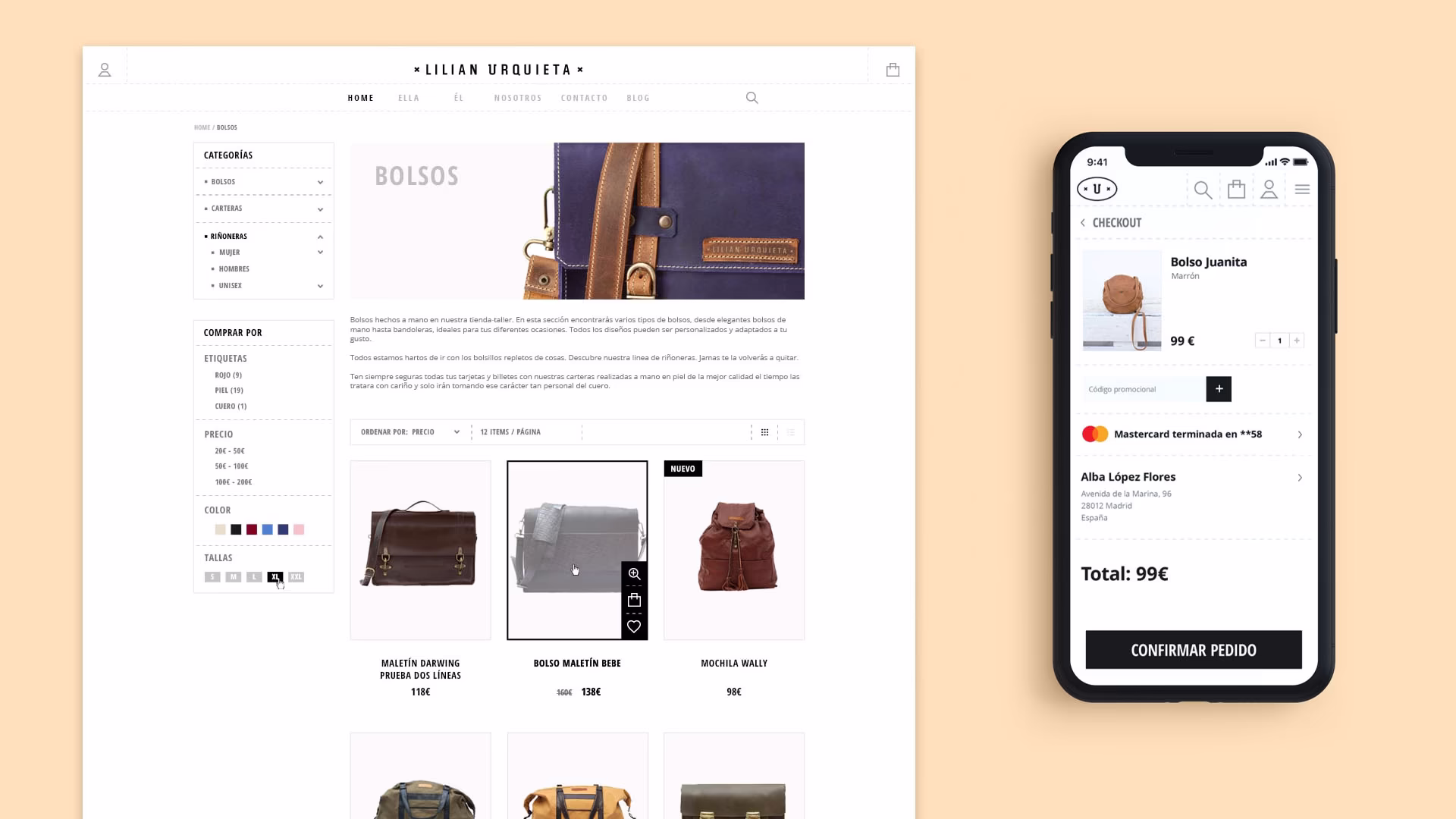 Muestra el diseño de dos pantallas del e-commerce para Lilian Urquieta