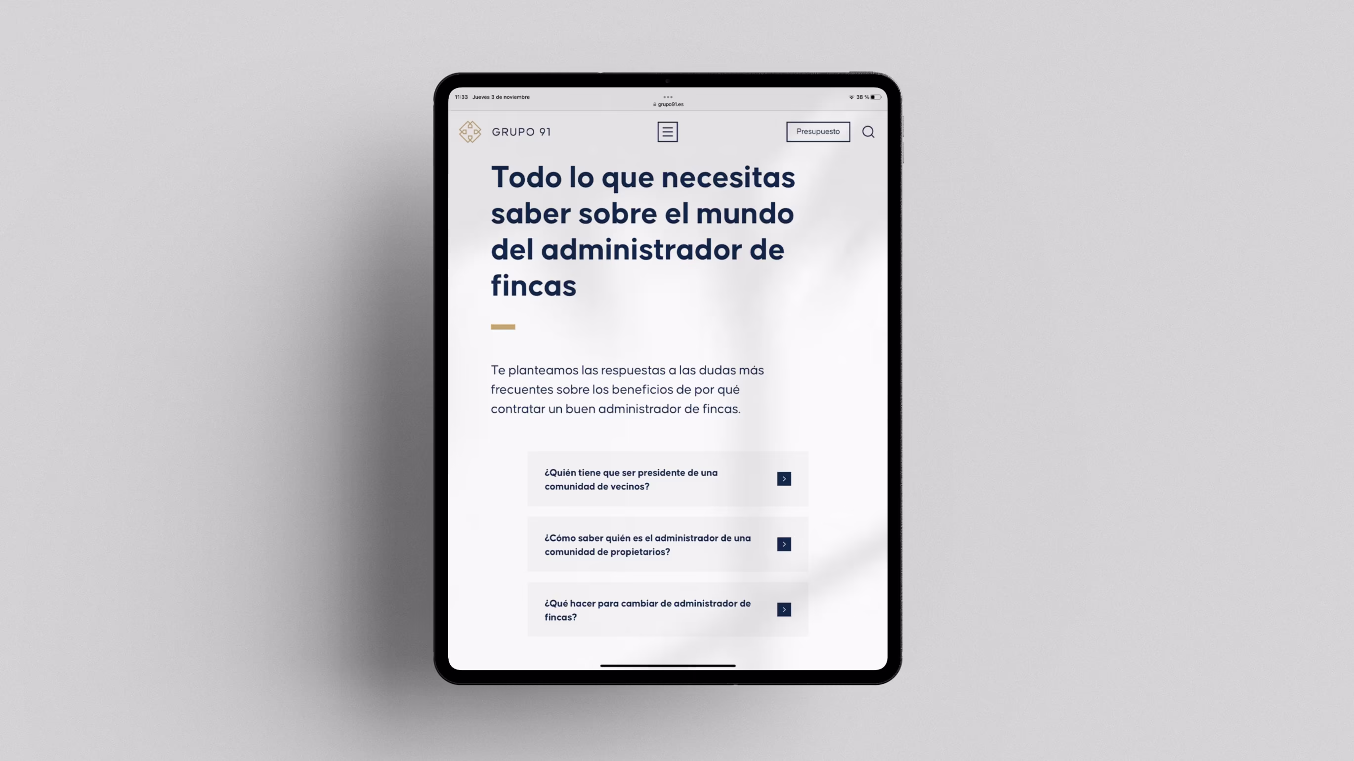 Diseño de la web en su versión tablet