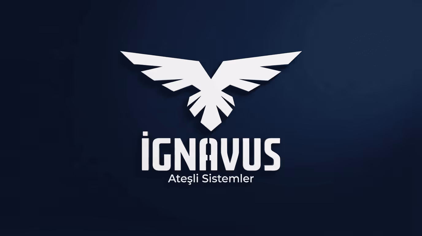 Beyaz stilize kartal figürü ile IGNAVUS Ateşli Sistemler logosu, koyu mavi arka planda.