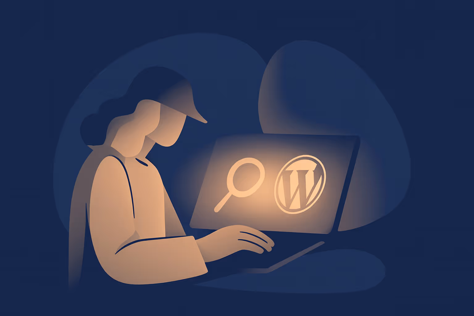 Laptop ekranında büyüteç ve WordPress logosu olan, şapka takan bir kişi simgesi.