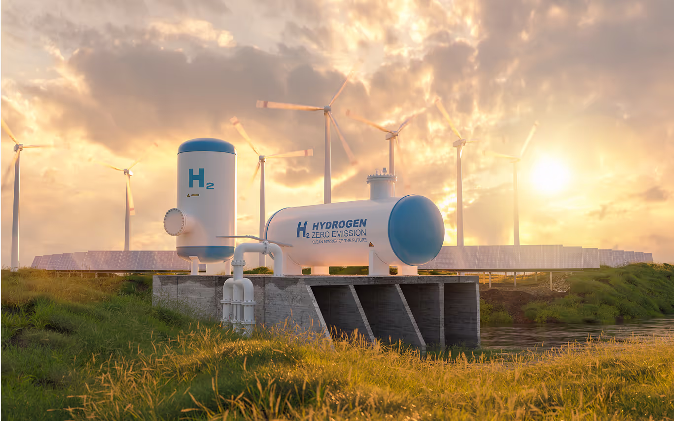 Vandenilio gamybos įrenginys, kuriame matomi dideli cilindriniai rezervuarai, pažymėti užrašais „H2“ ir „HYDROGEN“.
