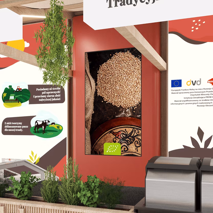 Stoiska z ekspozycją zbóż, zielenią i informacjami o uprawach rolnych.