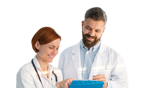 Two doctors collaborating while using a tablet with the Epocrates app for medical information and patient care.