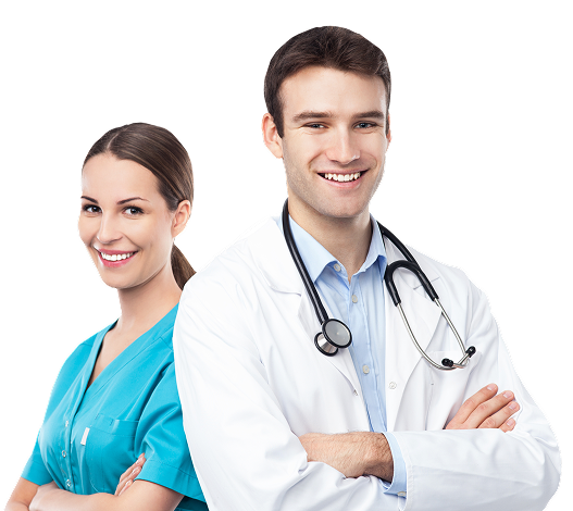 A male and female doctor share a joyful moment, pleased with their team's use of the epocrates app in their practice.