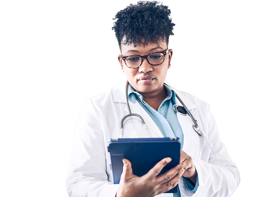 Healthcare professional using a tablet to check drug interactions via the Epocarates application in a hospital environment.