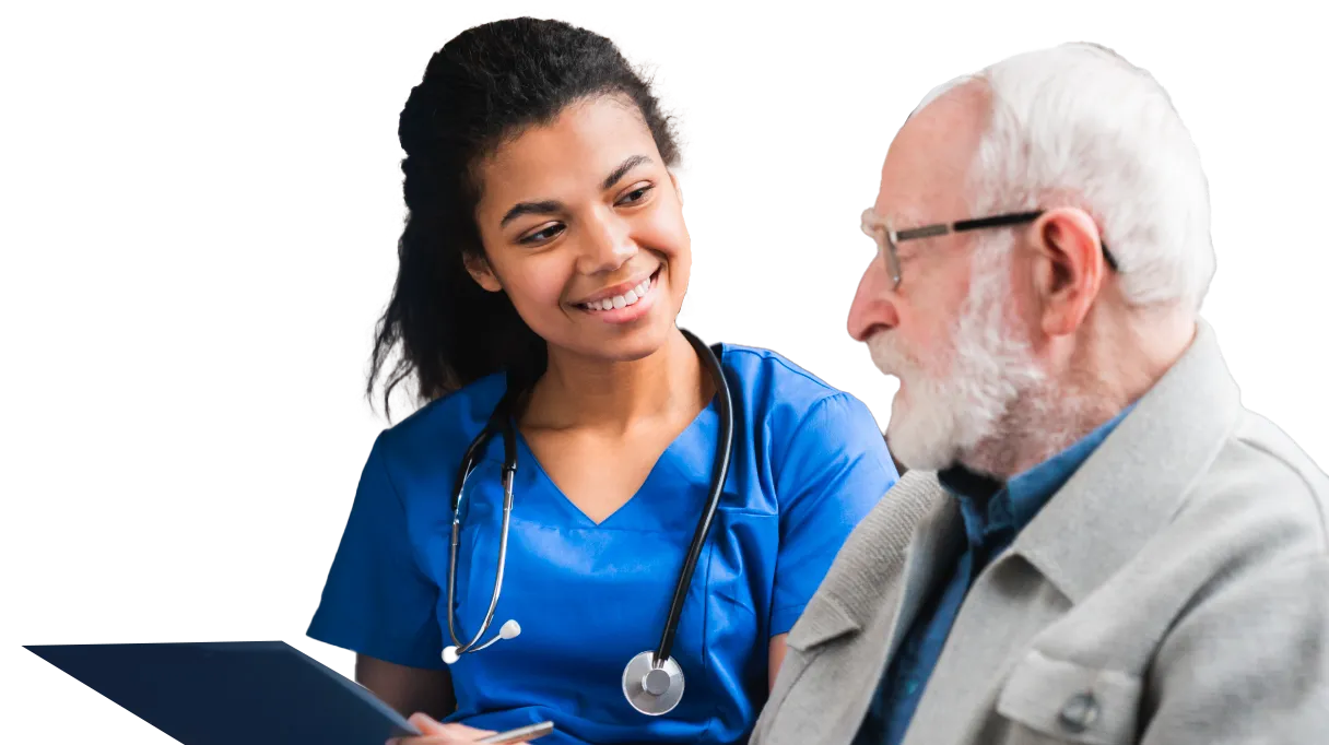 A healthcare professional and a patient reviewing medical information on the epocrates app displayed on a tablet.