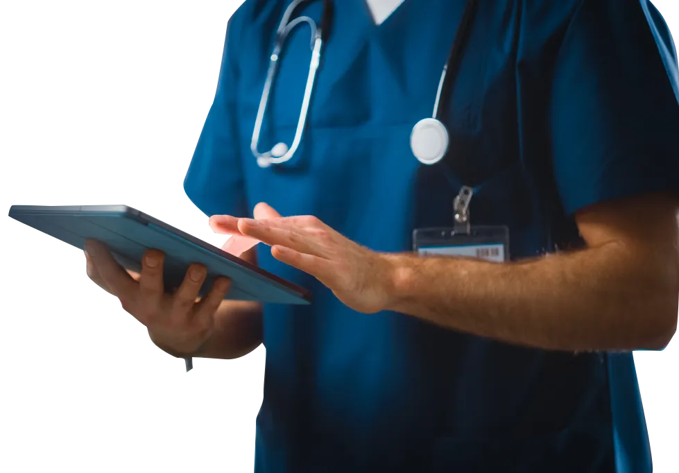 Healthcare professional using a tablet to check drug interactions via the epocarates application.