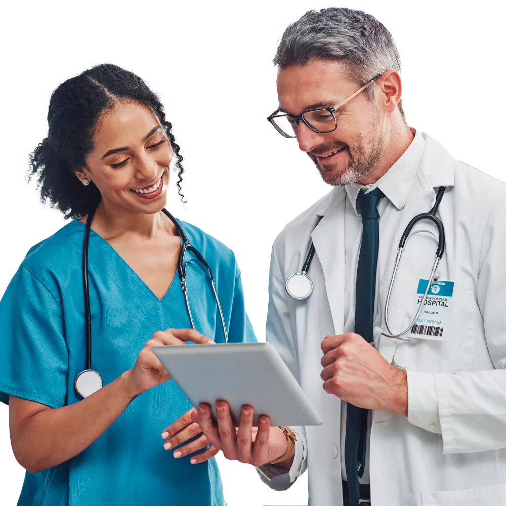 A healthcare professionals reviewing medical information on the epocrates app on a tablet.
