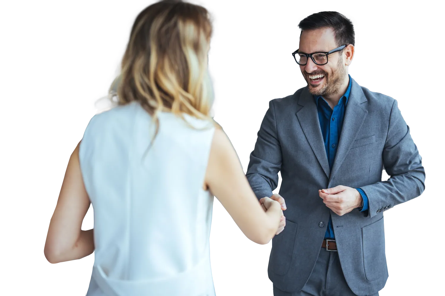 Two marketing professionals shaking hands in a business setting, symbolizing partnership and collaboration.