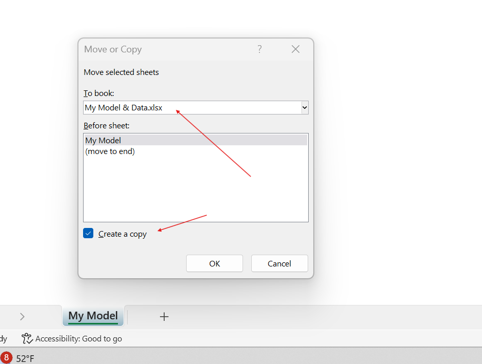 Excel Move or Copy dialog box for moving worksheet to another workbook
