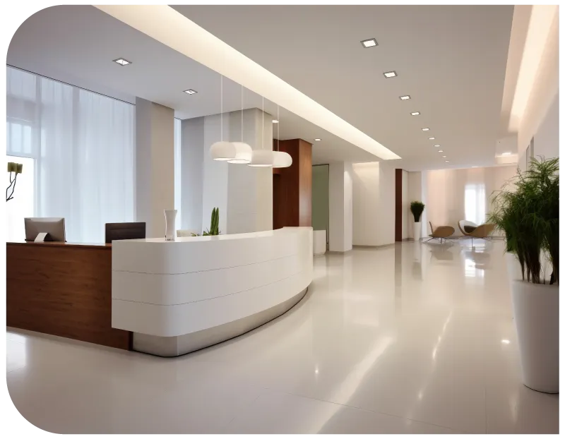 A hospital entrance area with natural light, minimalist décor, and a welcoming reception desk.