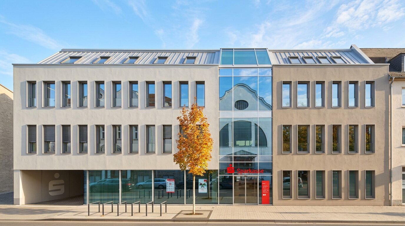 Straßenansicht eines modernen Sparkassen-Gebäudes mit klar gegliederter Fassade und mittigem gläsernen Verbinder.