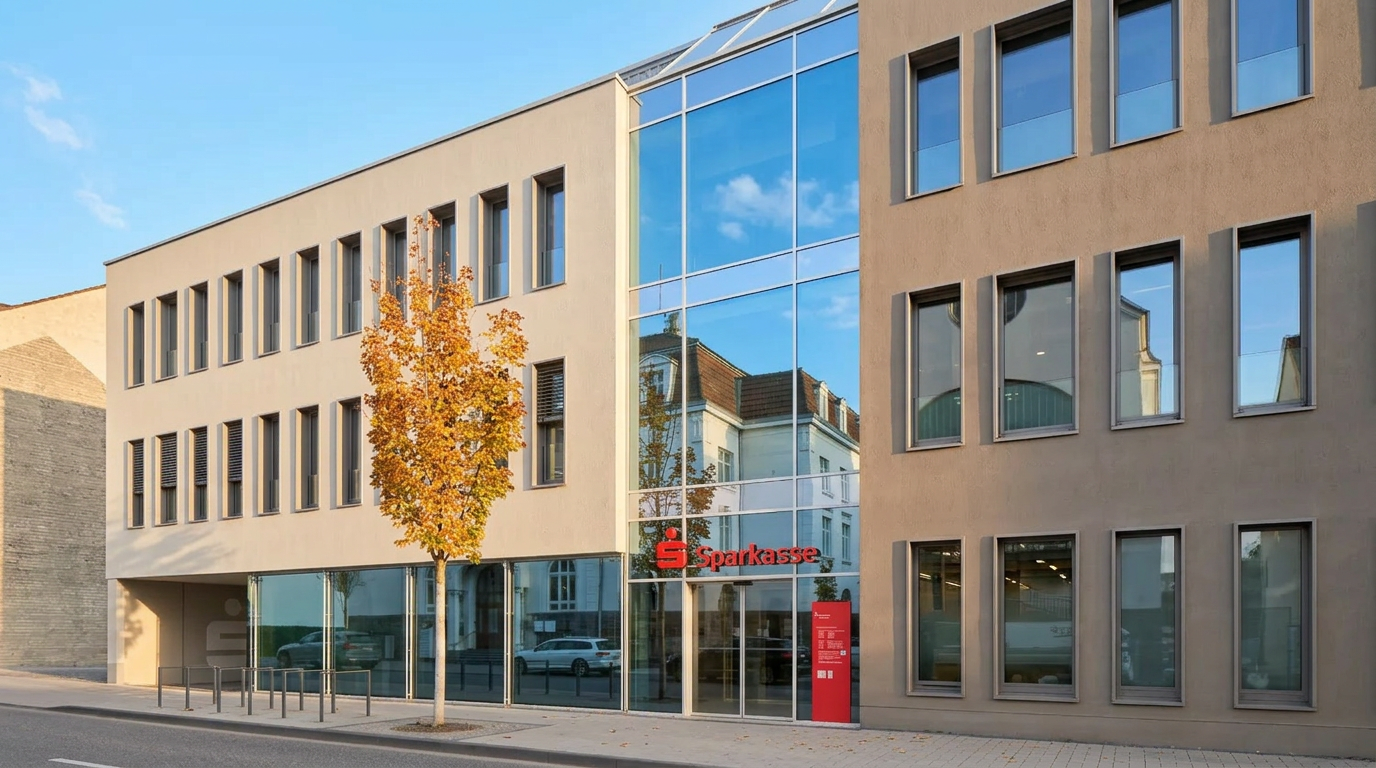 Außenansicht der Sparkasse-Filiale mit moderner Glasfront, rotem Sparkasse-Logo und herbstlichem Straßenbaum im Vordergrund.