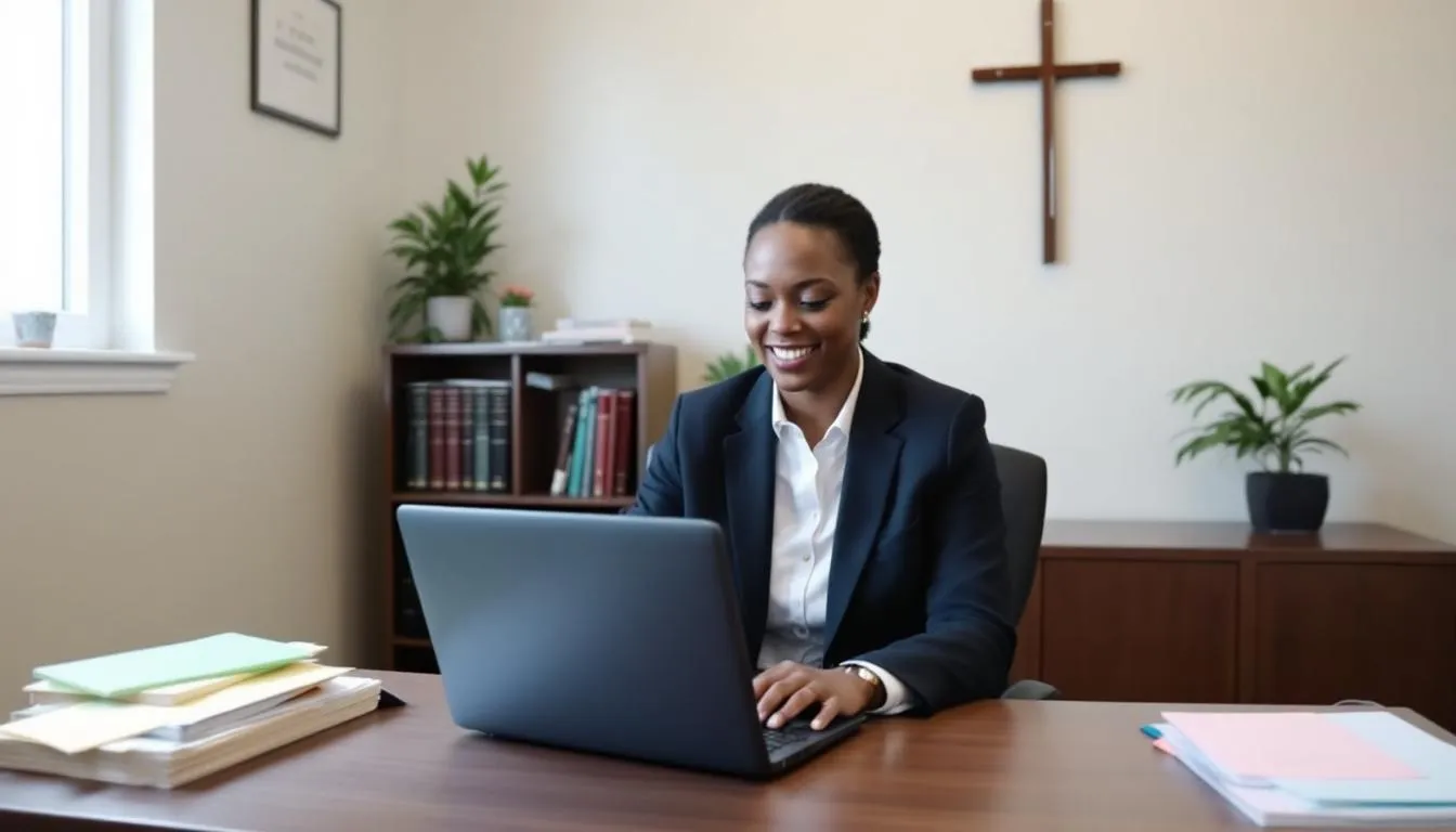 A church staff member is seated at a desk, using church management software to process donation receipts for cash contributions and charitable donations. The digital system helps ensure compliance with tax laws by generating official documents that acknowledge the donation amounts for church members and donors.