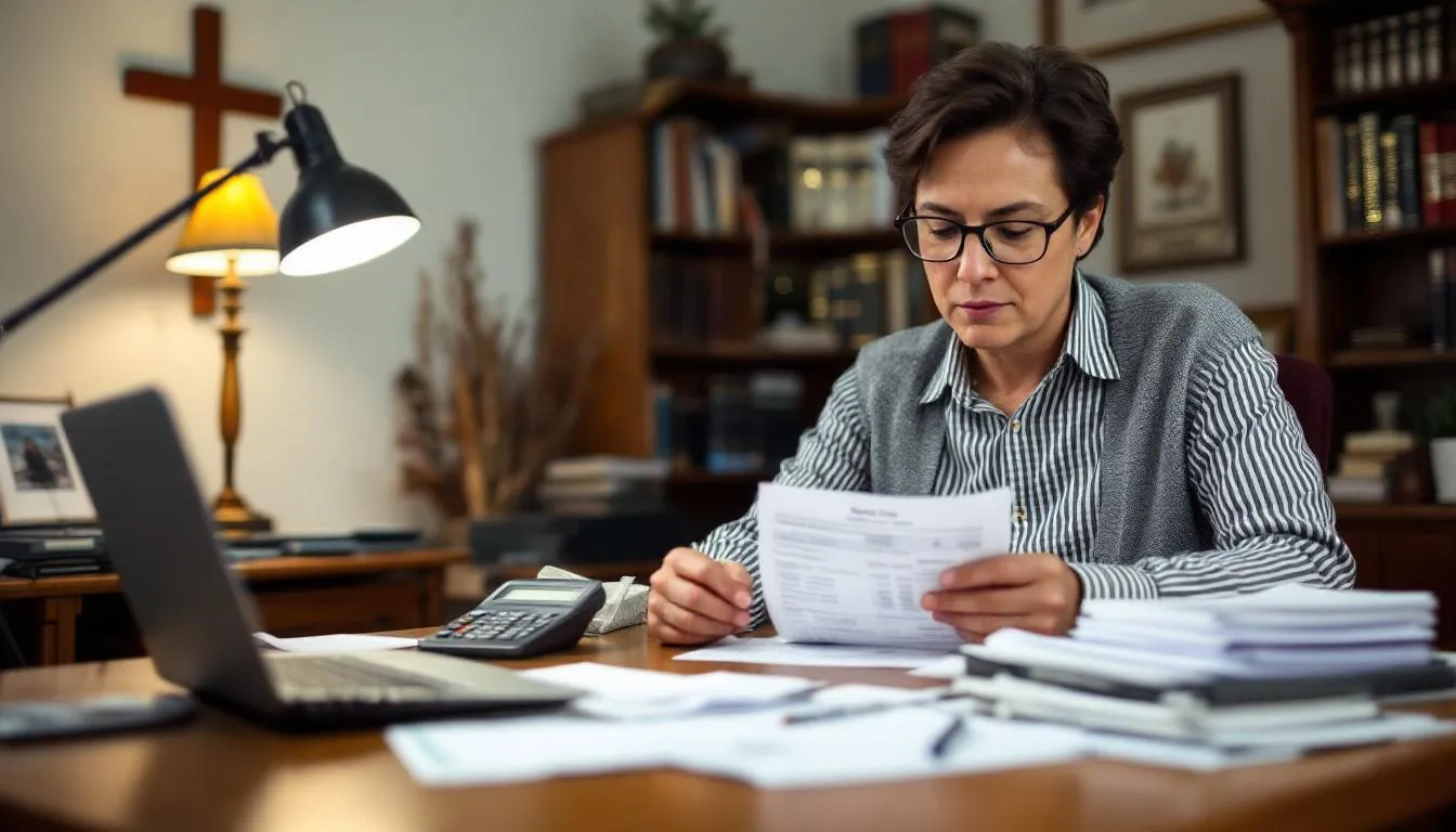 A church treasurer is meticulously reviewing donation records and receipts to ensure accuracy, focusing on cash donations and charitable contributions for tax purposes. The process involves verifying the donation amounts and issuing donation receipts to maintain compliance with IRS regulations.