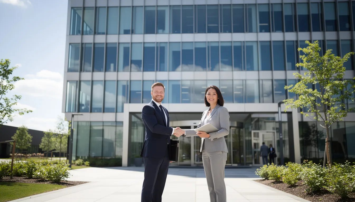 The image depicts a modern corporate office building basking in sunlight, with two individuals engaged in a handshake at the entrance, symbolizing a business agreement. This scene reflects the professional environment where companies manage expenses and business credit, often utilizing tools like the ramp corporate card for effective expense management.