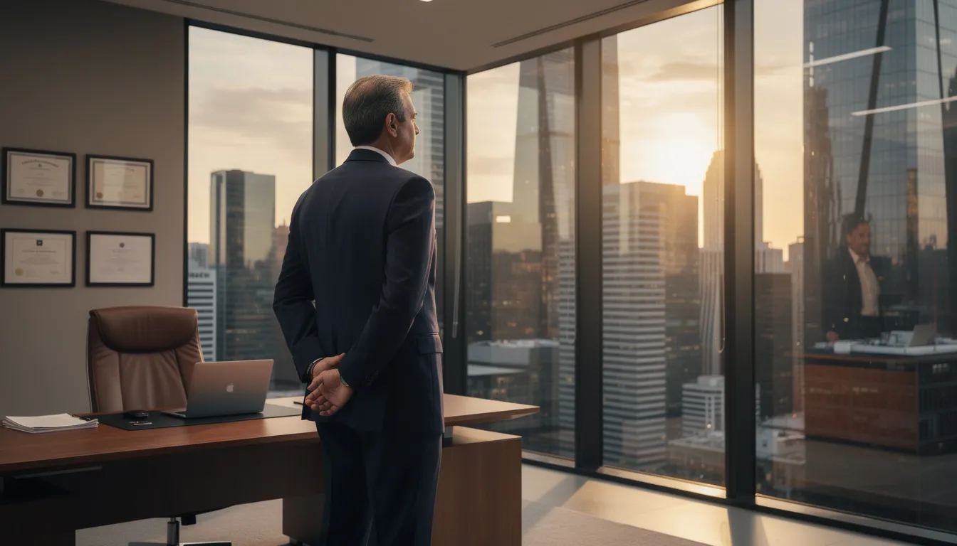 A CEO stands in a modern office, gazing out at a sprawling city skyline, embodying the essence of business leadership. The scene captures the importance of effective expense management and financial tools, like the Divvy corporate card, in overseeing business expenses and building business credit.