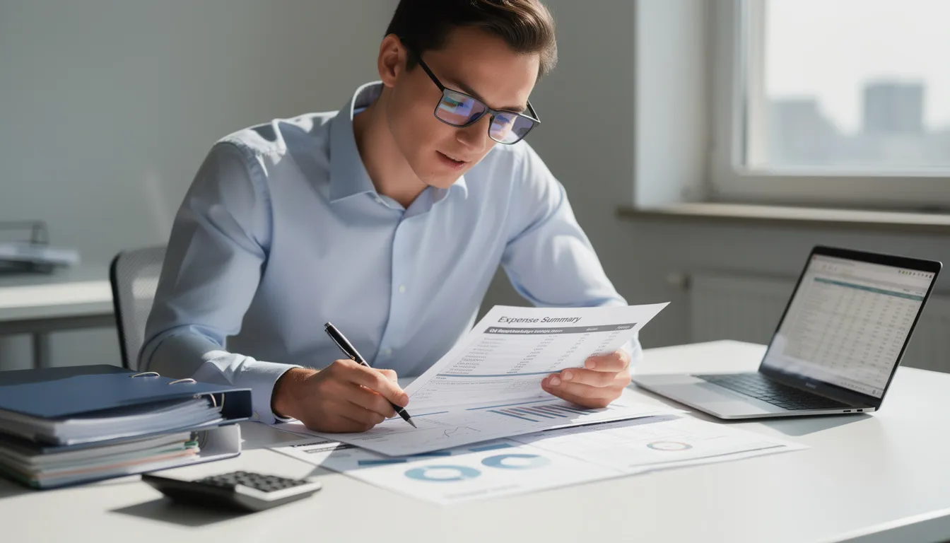A young man wearing glasses reviews an expense management report, focusing on business expenses and employee spending. He appears to be utilizing expense management software to effectively manage his company's financials, potentially linked to a bill divvy corporate card for streamlined tracking.