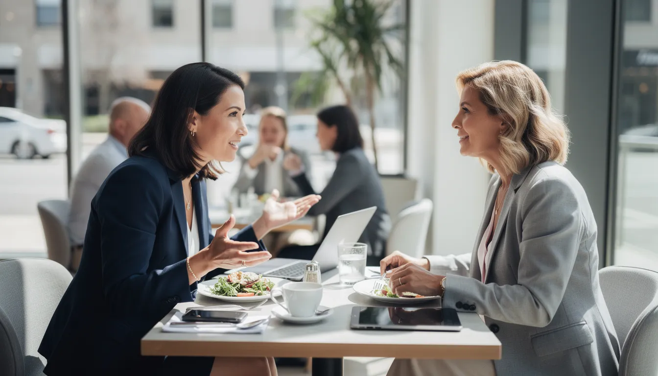Two business women are engaged in a lively conversation over lunch, discussing topics such as managing business expenses and the benefits of using a corporate card like the Divvy corporate card for expense management. Their discussion highlights the importance of financial tools for small businesses, including expense reports and cash rewards.