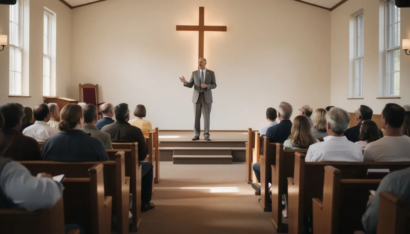 A church congregation sits attentively as a pastor speaks, with a large cross positioned behind him. The atmosphere is focused on the ministry's financial management and community outreach programs, reflecting the church's mission and commitment to serve its members.
