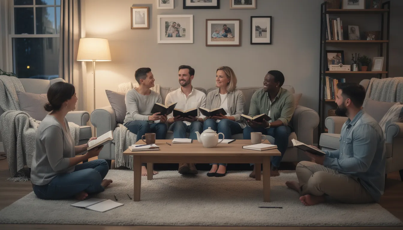The image depicts a group of people engaged in a bible study session in a cozy home setting, surrounded by comfortable seating and warm lighting. They are discussing topics related to church operations and financial management, emphasizing the importance of community outreach programs and charitable contributions.