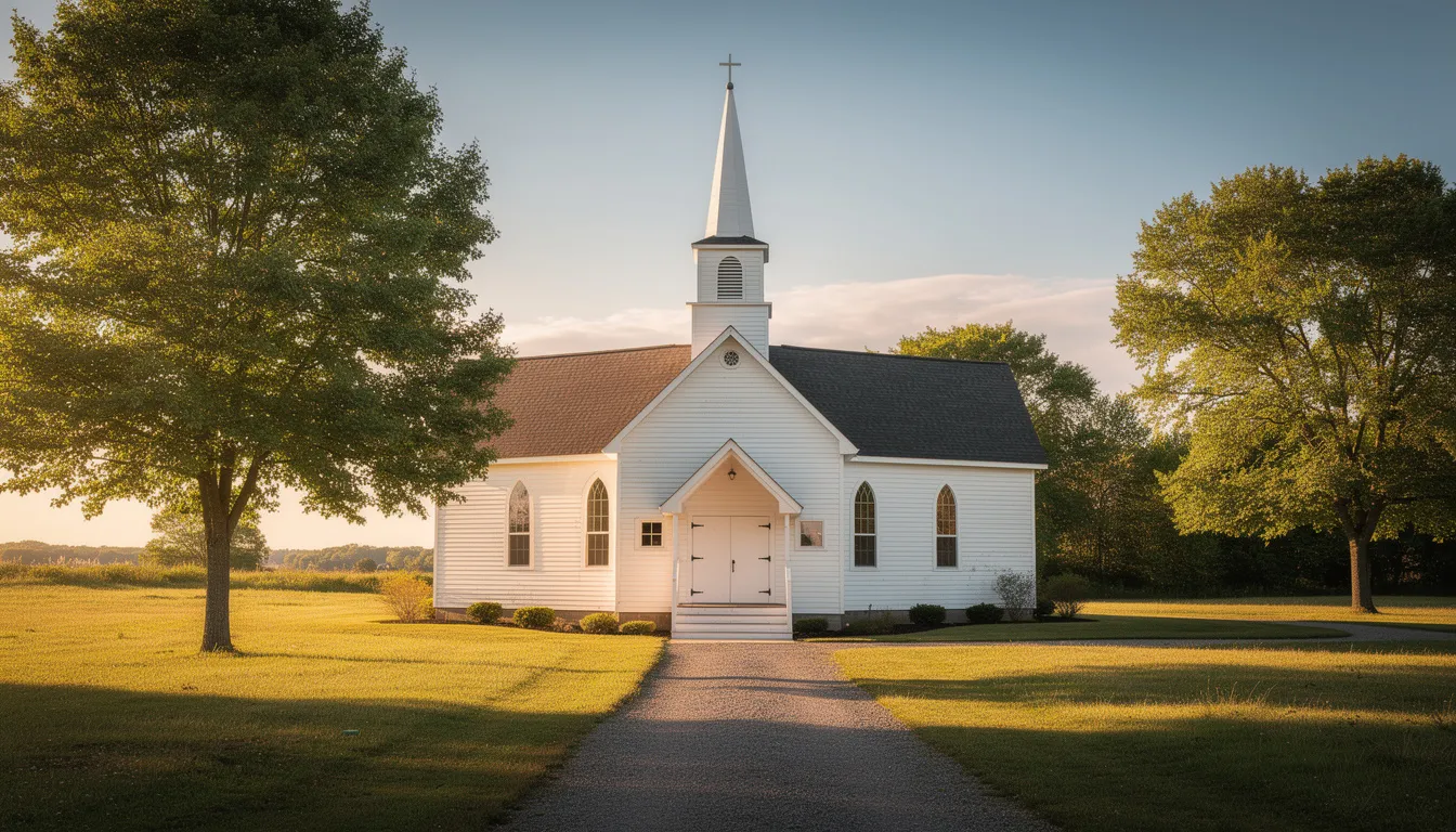 The image depicts a quaint small country church featuring a tall steeple, surrounded by lush greenery. This serene setting reflects the church's mission to serve the community and manage financial contributions, such as cash donations and credit card donations, to support its ministry activities.