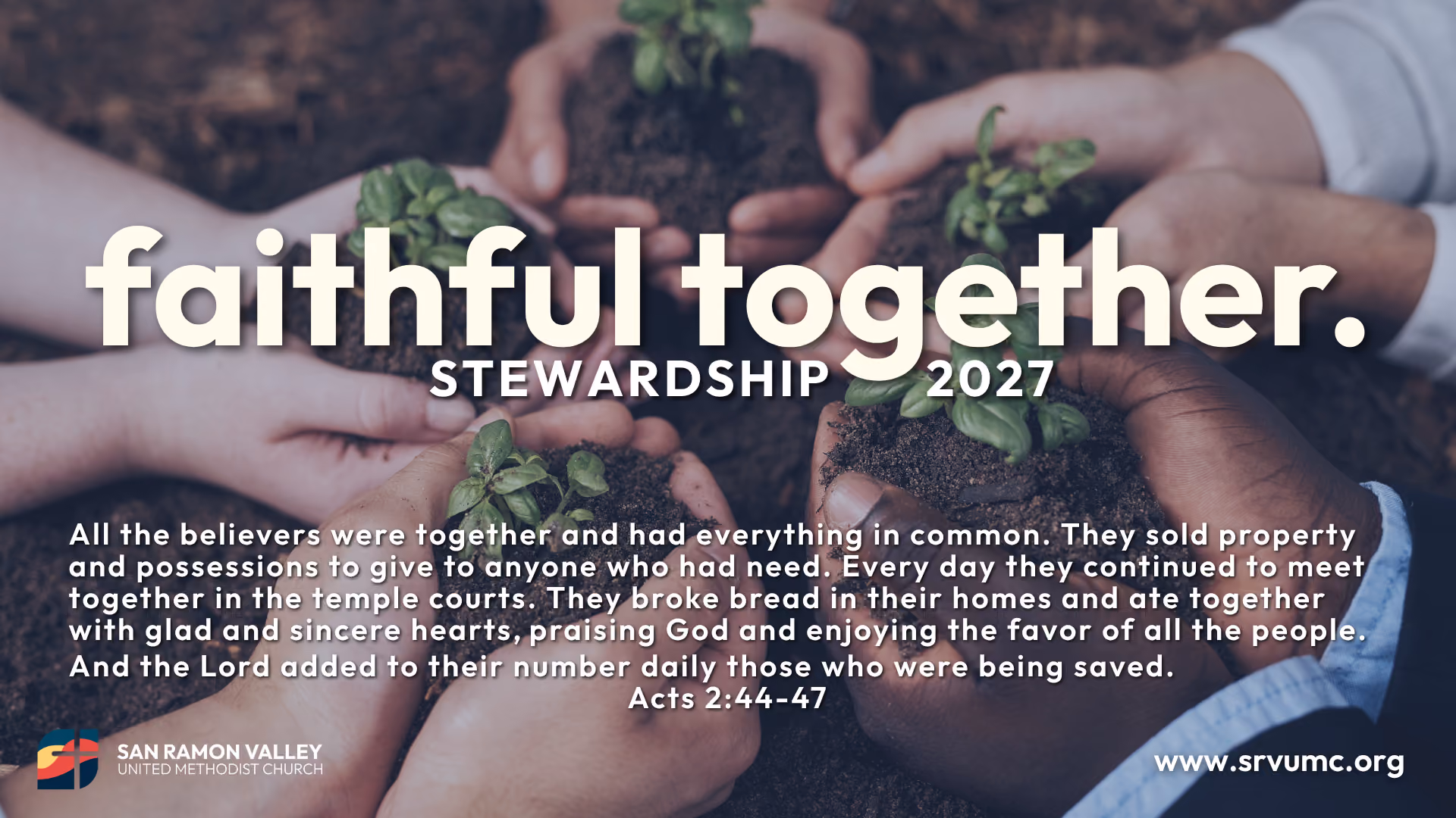 A photo of hands together with the text "Faithful Together" and an inspiring Bible quote overlaying the photo.