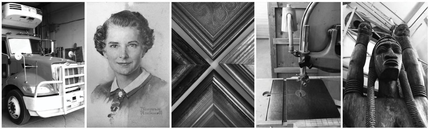 A black and white banner showing MSI's truck, framed art, machinery, and a sculpture. 