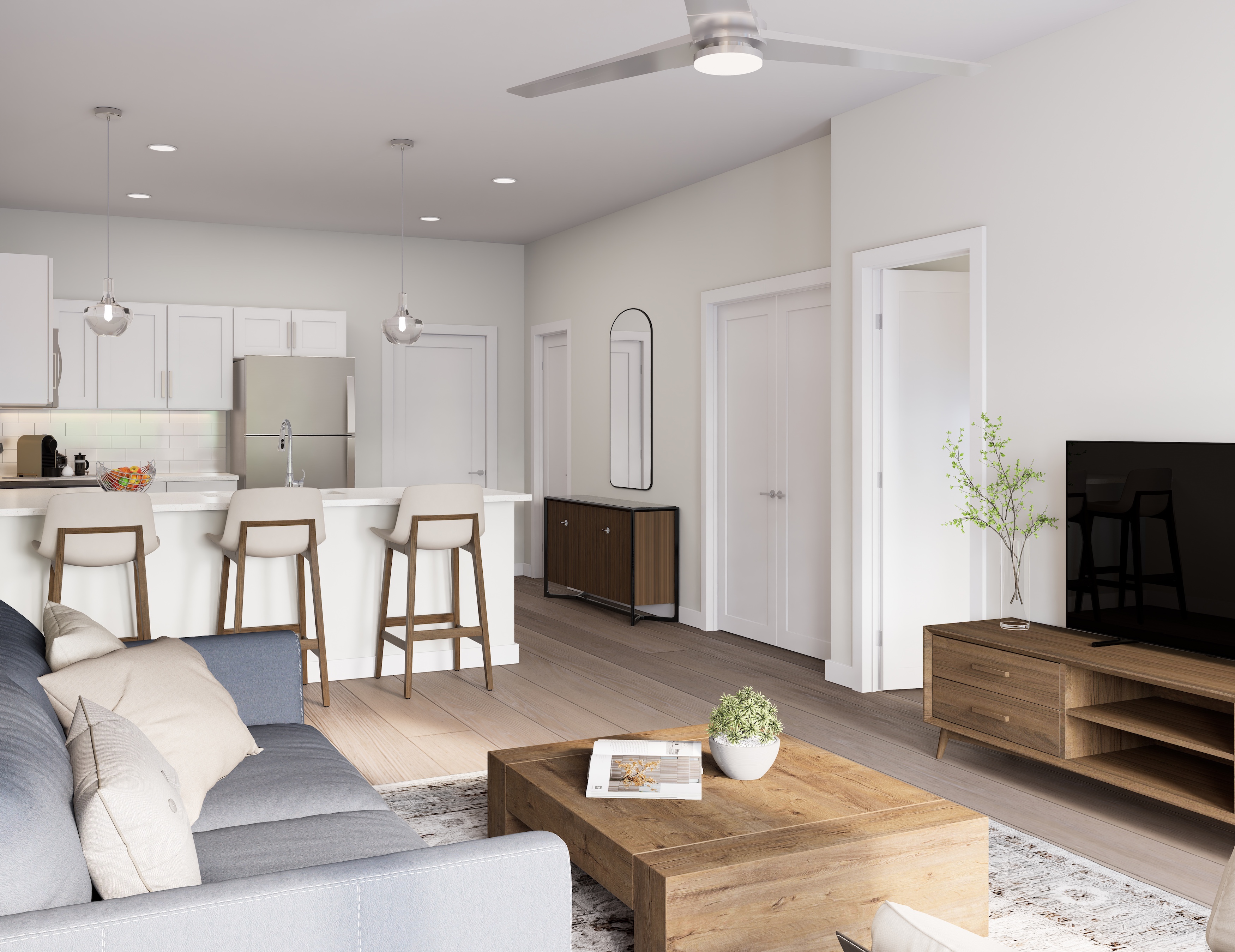 Spacious resident clubhouse lounge with a modern fireplace, seating areas, and a billiards table, for resident use at Wildcat Vista in Godley, TX.
