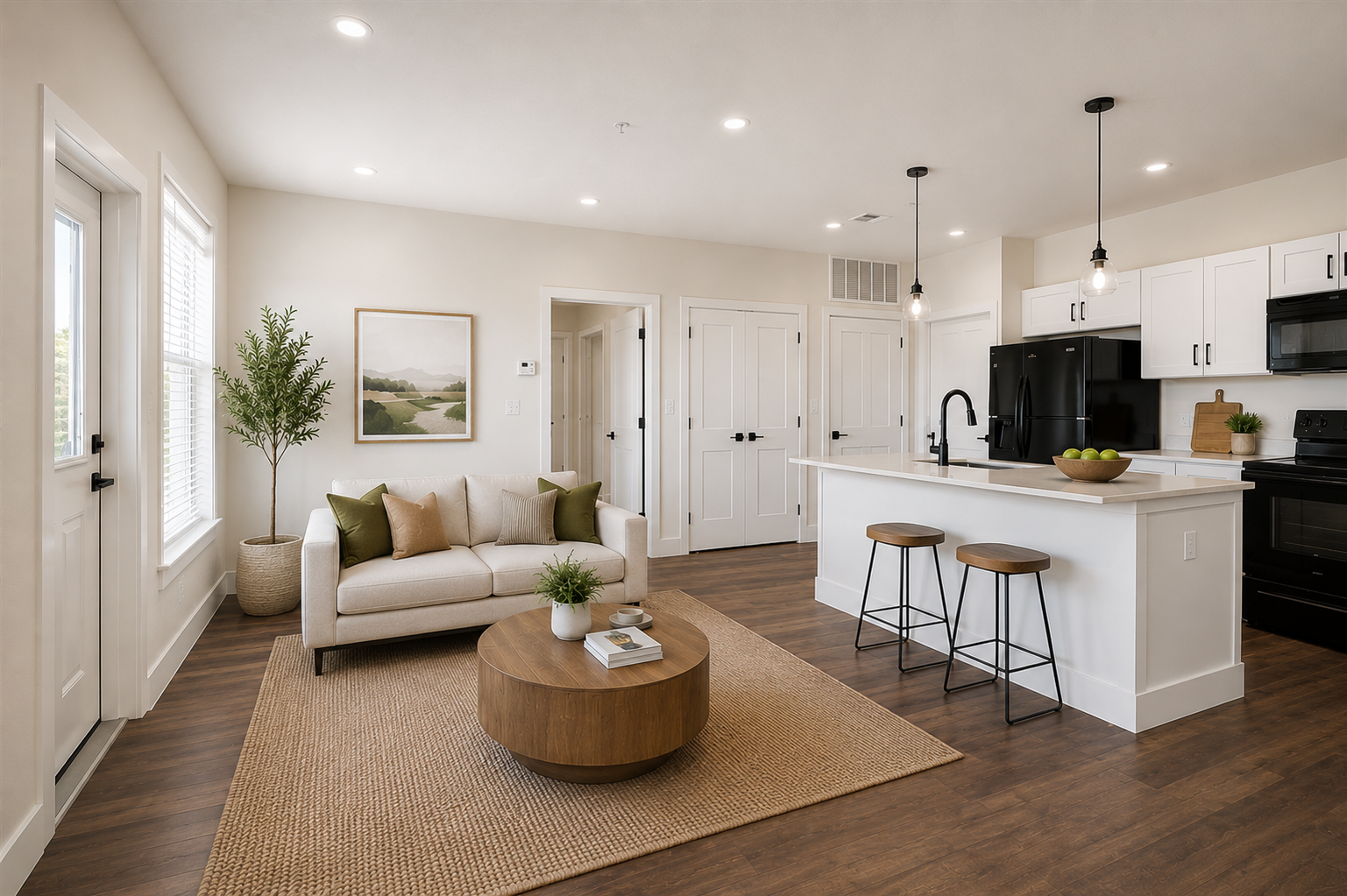 Spacious living room with a sofa, armchair, and a large window overlooking a balcony, in an apartment at Wildcat Vista in Godley, TX.