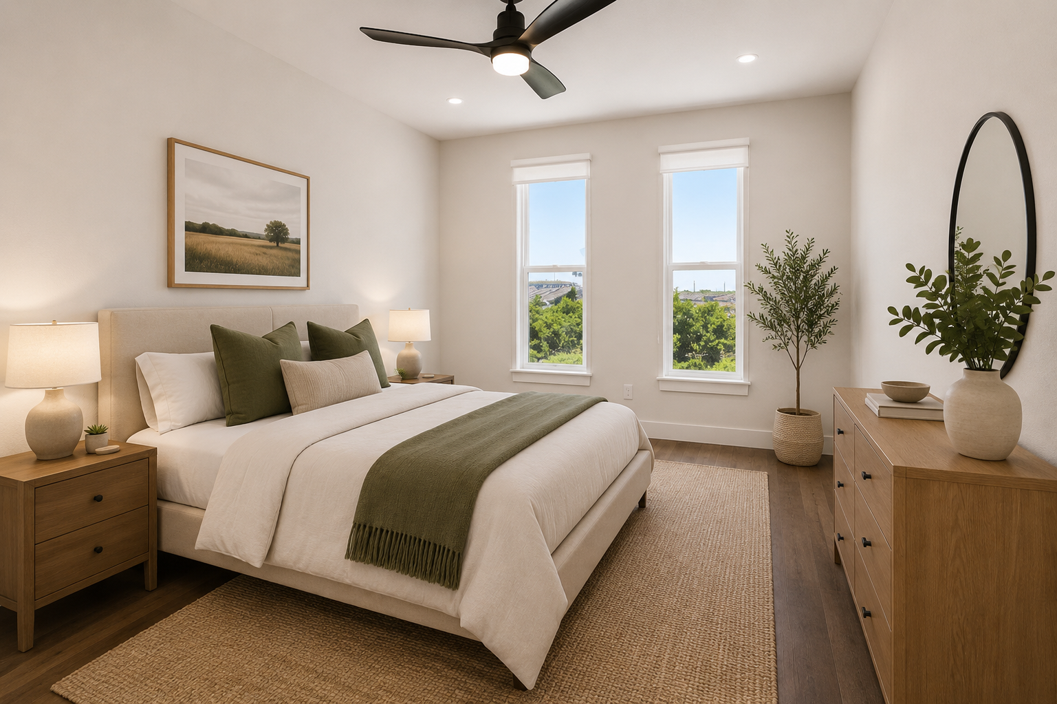 Bright bedroom with a modern bed, ceiling fan, and large windows, showcasing a home at Wildcat Vista in Godley, TX.