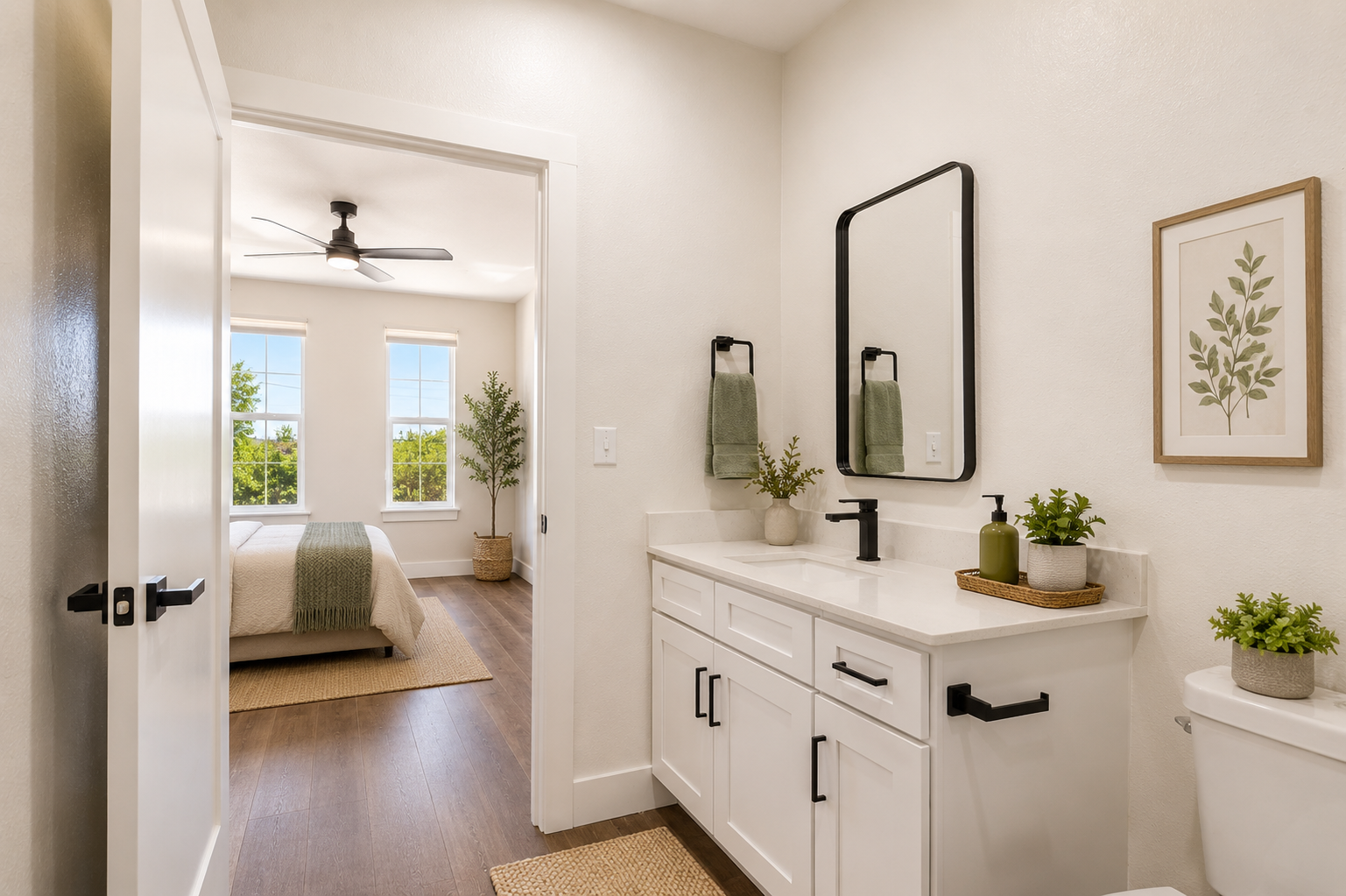 Contemporary bathroom with a white vanity, a large mirror, and a toilet, featuring modern fixtures in an apartment at Wildcat Vista in Godley, TX.