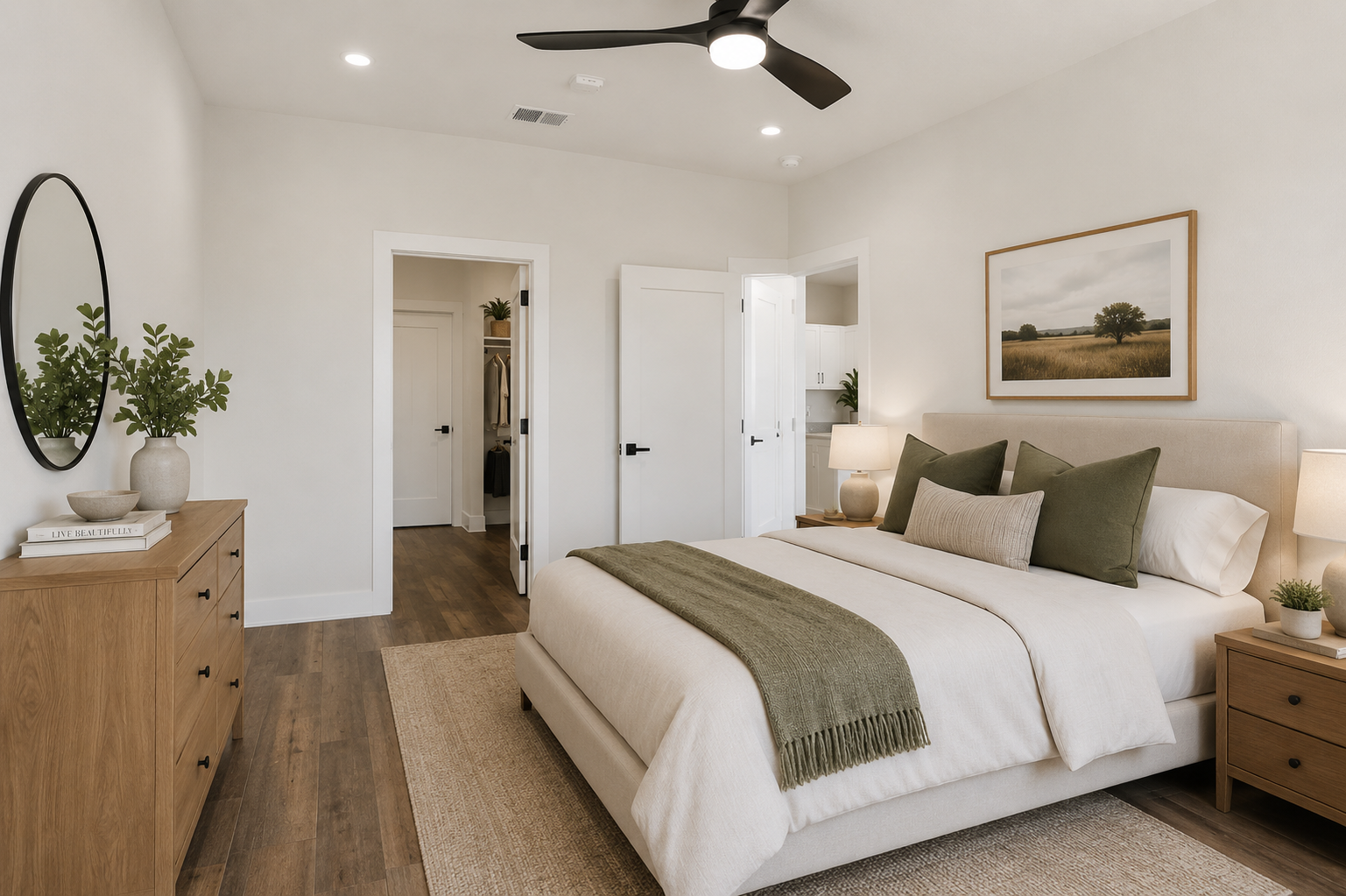 Bright bedroom with a modern bed, ceiling fan, and large windows, showcasing a home at Wildcat Vista in Godley, TX.