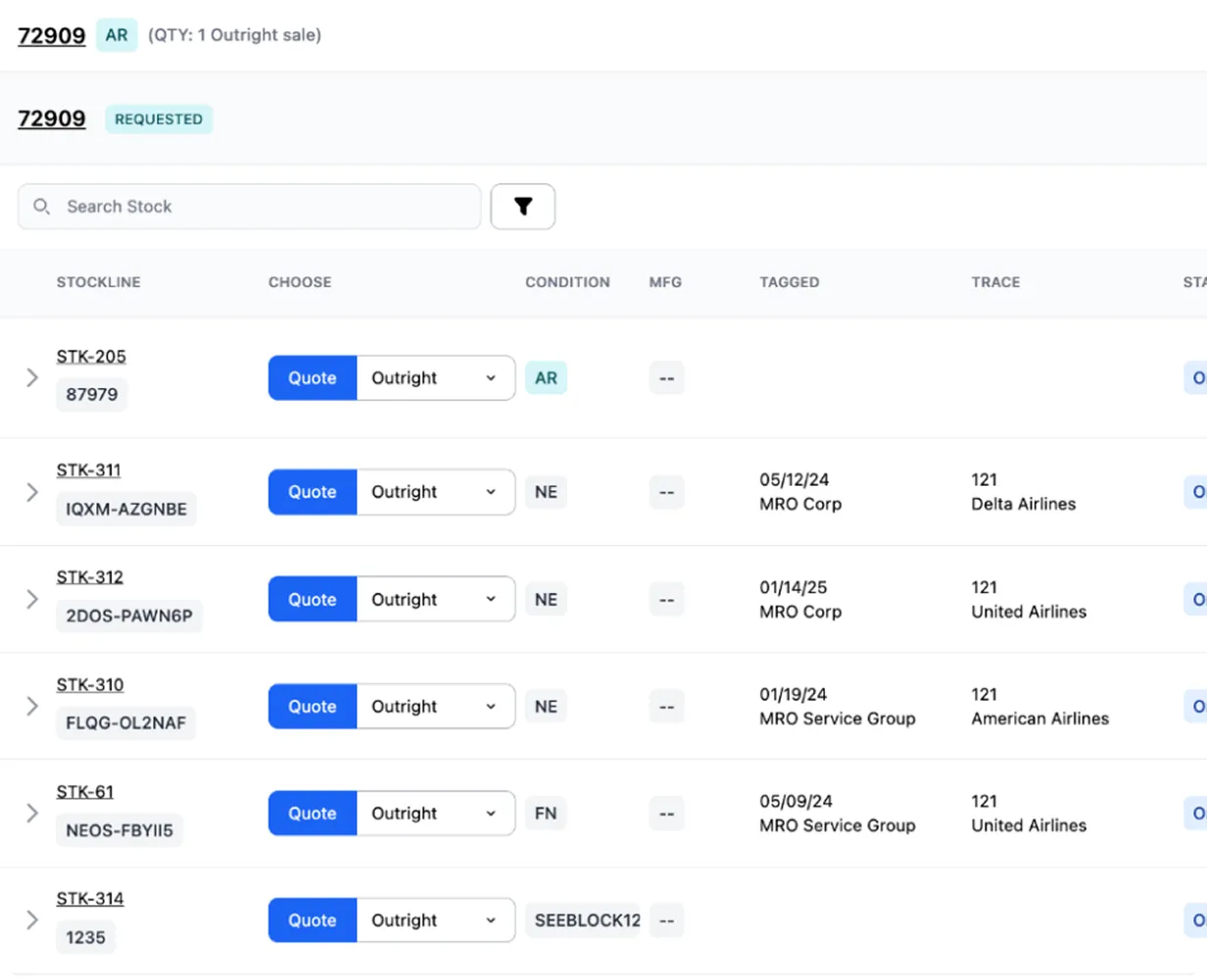 Table listing stockline items with stock codes, choose options showing 'Quote Outright', condition codes, manufacturing details, tags, and airline trace information.