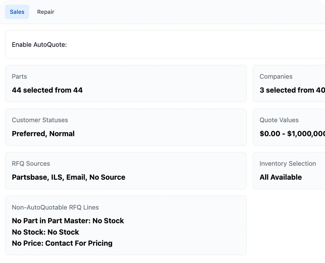User interface screen showing Sales tab with options to enable AutoQuote, parts selected, companies selected, customer statuses, quote values, RFQ sources, inventory selection, and non-autoquotable RFQ lines listed.
