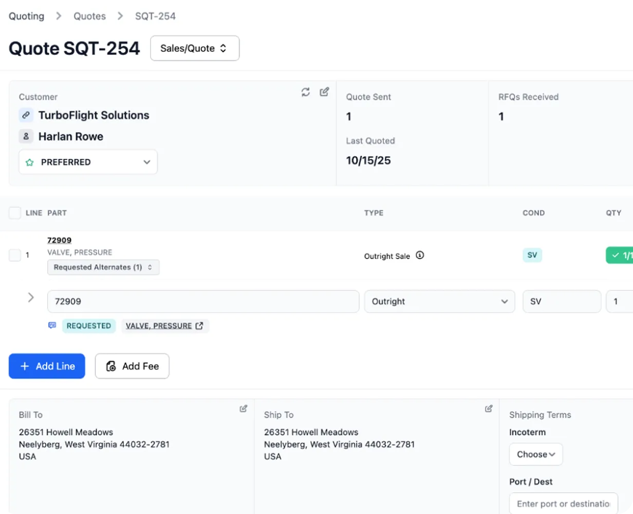 Quote form SQT-254 for TurboFlight Solutions with customer Harlan Rowe, showing one pressure valve item requested with outright sale type, billing and shipping address in Neelyberg, West Virginia.