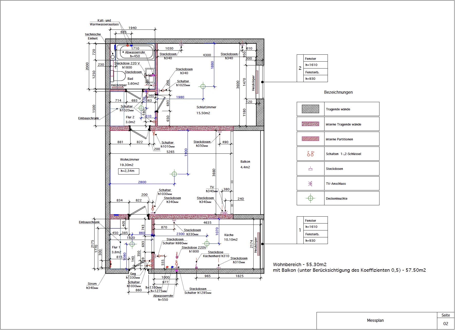 Messplan der Wohnung mit Raummaßen als Planungsgrundlage