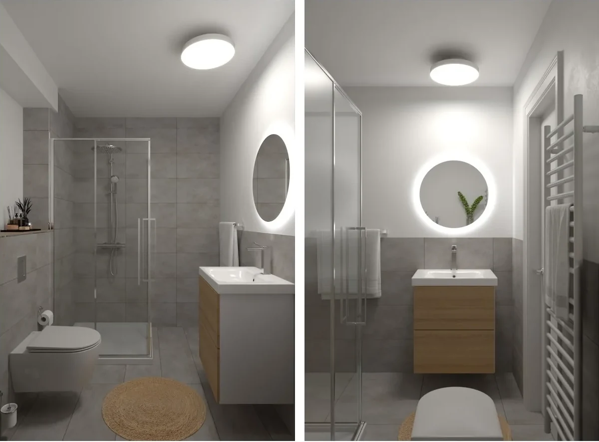 3D-Visualisierung des geplanten Bades mit Dusche und Waschtisch